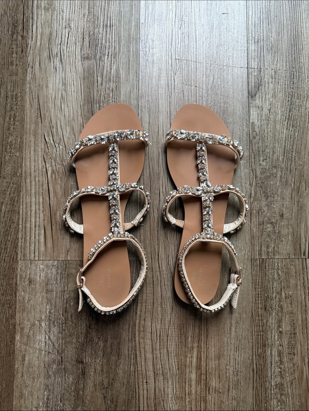 David's Bridal Rose Gold Crystal T-Strap Sandals